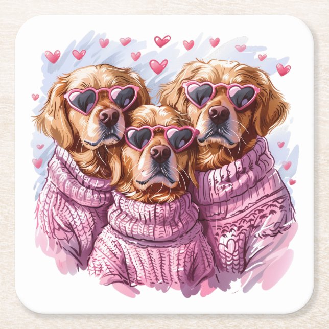 Valentines day Golden Retriever Hundar Underlägg Papper Kvadrat (Framsidan)