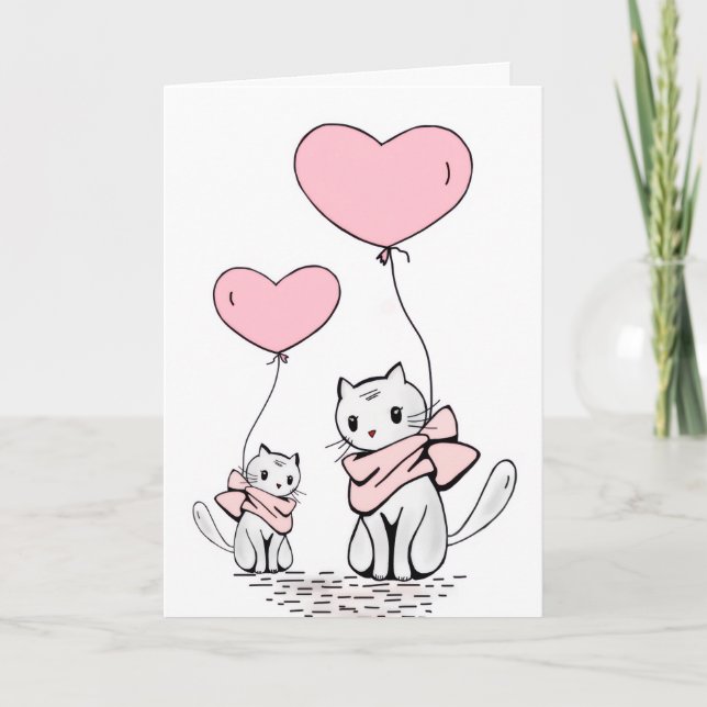 Valentine's Day Greeting Card Cat Pink Hearts  Helgkort (Framsida)