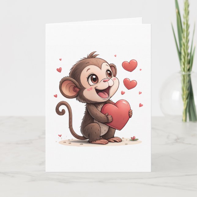 Valentine's Day Greeting Card Monkey Red Hearts  Helgkort (Framsida)