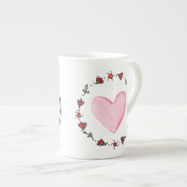 Valentines day handmålad Rosa Heart Watercolor Benporslin Mugg
