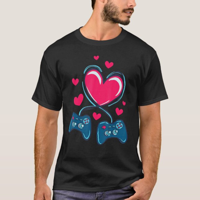 Valentines Day Heart Gamer V Is For Video Games T Shirt (Framsida)