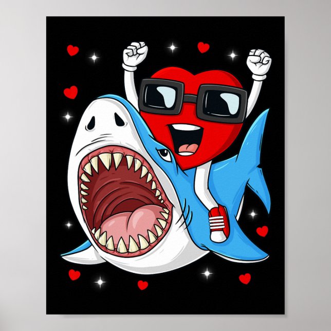 Valentines day Heart Riding Shark Roligt Småbarn B Poster (Framsidan)