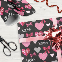Valentine's Day Hearts and Ribbons Pink Red Black
