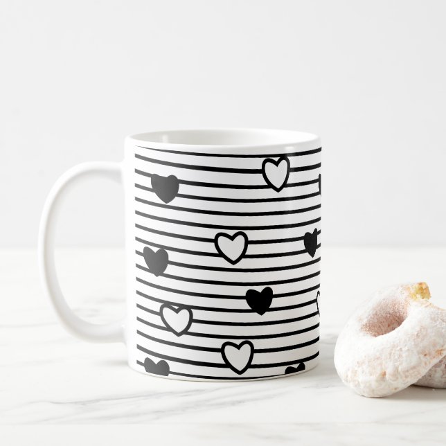 Valentines day Hearts Black White Rand Mönster Kaffemugg (Med munk)
