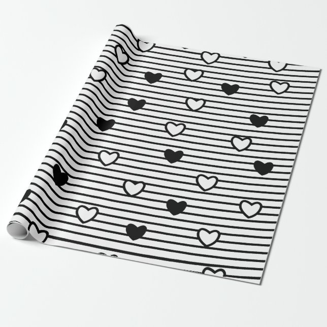 Valentines day Hearts Black White Rand Mönster Presentpapper (Utrullad)