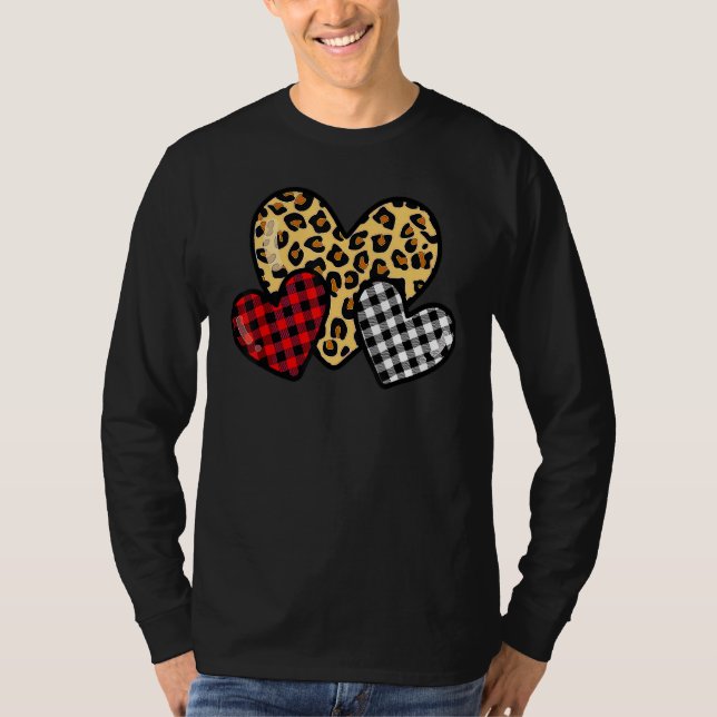 Valentines Day Hearts Leopard Buffalo Plaid Girls  T Shirt (Framsida)