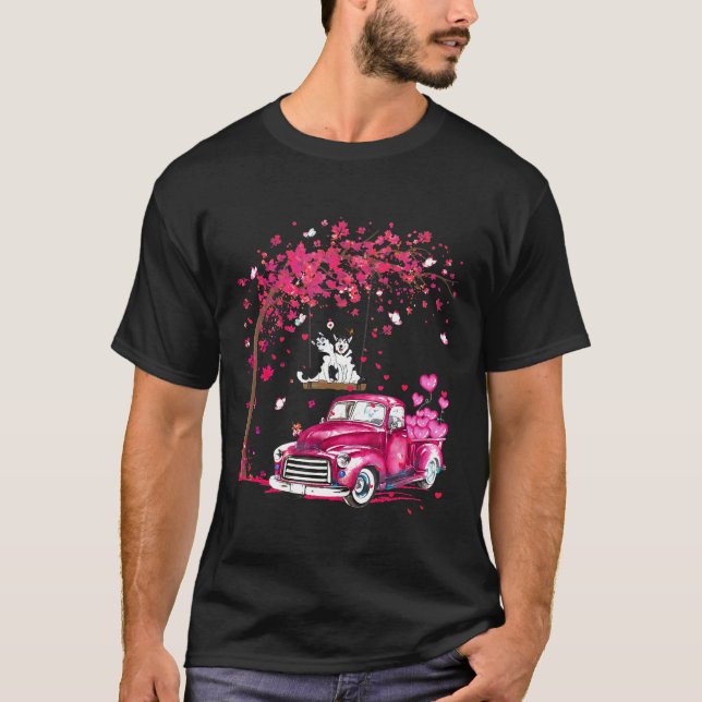 Valentines day Huskies under Träd Hearts T Shirt (Framsida)