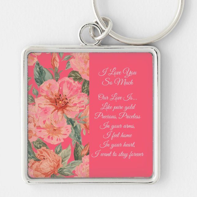 Valentines Day, I Love You So Much, Love Poem Fyrkantig Silverfärgad Nyckelring (Framsidan)