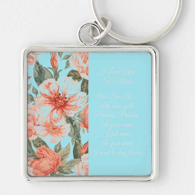 Valentines Day, I Love You So Much, Love Poem Keyc Fyrkantig Silverfärgad Nyckelring (Framsidan)
