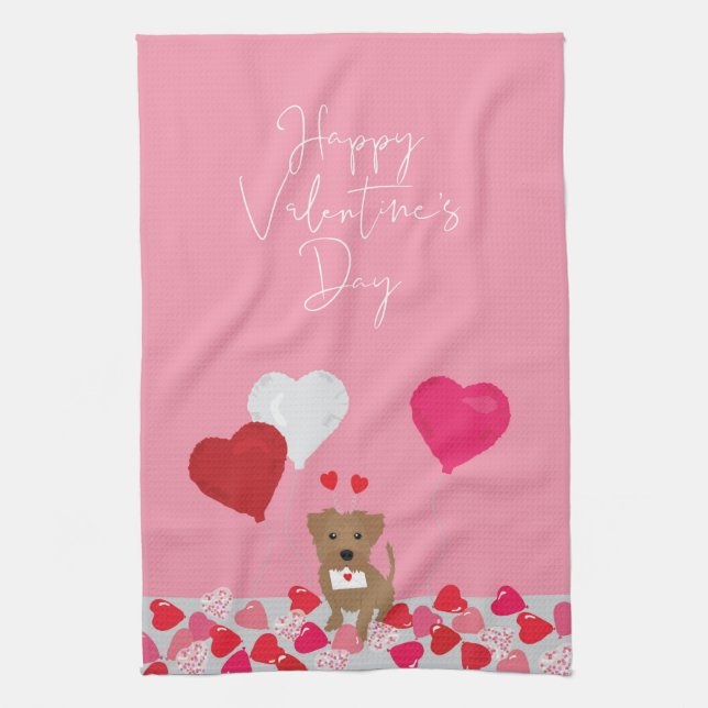 Valentines day Illustrerad Hund med hjärtbubblor Kökshandduk (Vertikal)