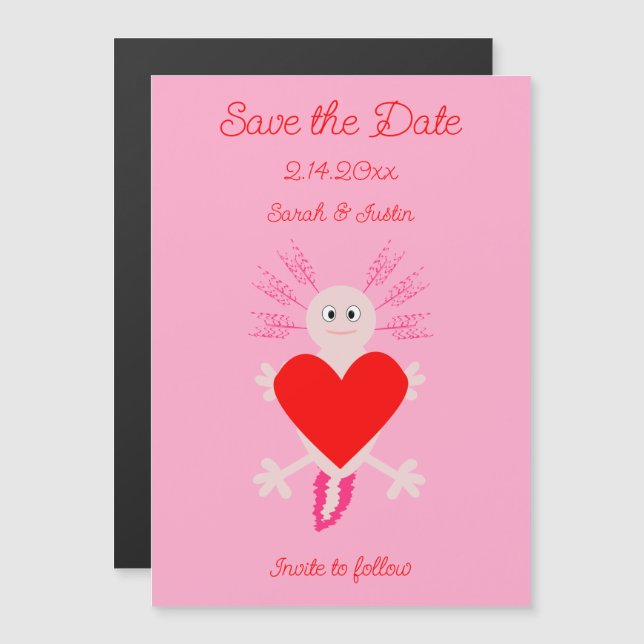 Valentines day Kärlek Heart Axolotl Spara datum Magnetisk Inbjudningskort (Fram/baksida)
