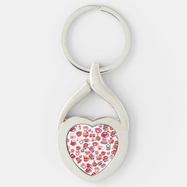 Valentines day Kärlek Hjärtformad kaffedesign Twisted Heart Silverfärgad Nyckelring (Framsidan)