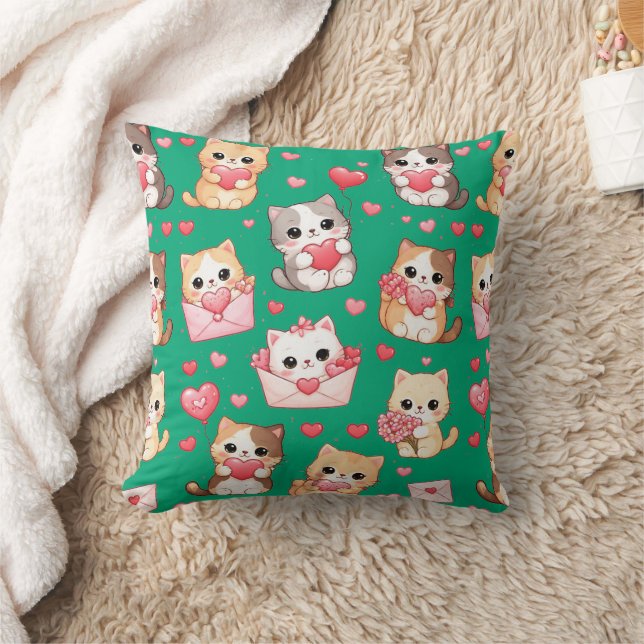Valentine's Day Kawaii Cat Pattern Throw Pillow Kudde (Filt)
