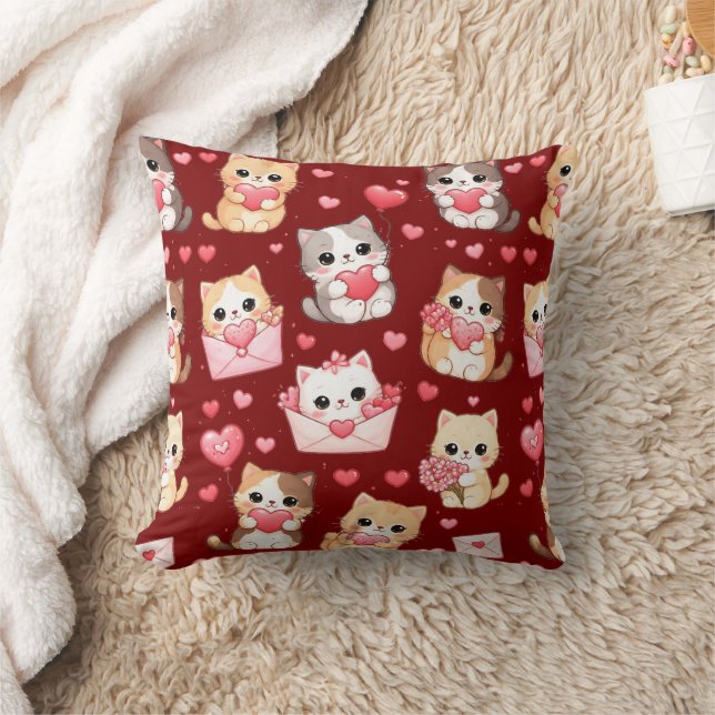 Valentine's Day Kawaii Cat Pattern Throw Pillow Kudde (Filt)