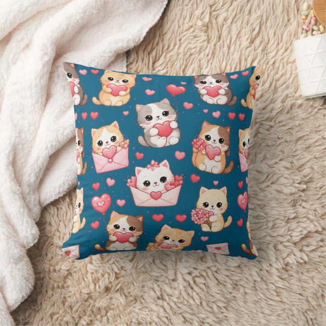 Valentine's Day Kawaii Cat Pattern Throw Pillow Kudde (Filt)