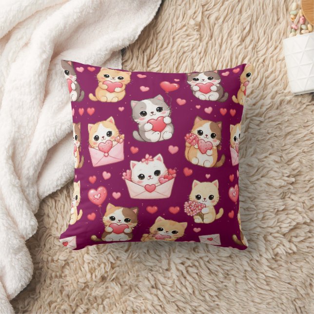 Valentine's Day Kawaii Cat Pattern Throw Pillow Kudde (Filt)