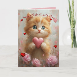 Valentine's Day Kitten Red Hearts Pink Roses Kort