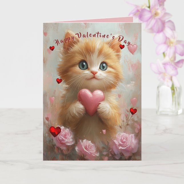 Valentine's Day Kitten Red Hearts Pink Roses Kort (Orkide)