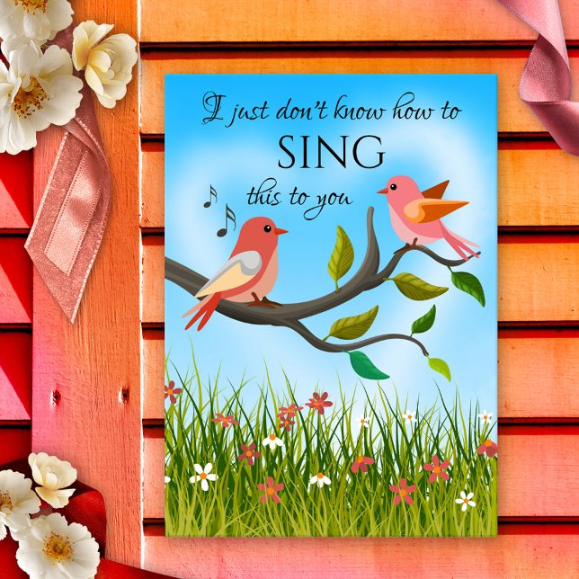 Valentines day-kort för lustigt Cute Love birds Kort (Funny and  colorful Valentine's Day card featuring cute love birds in a happy spring meadow.)