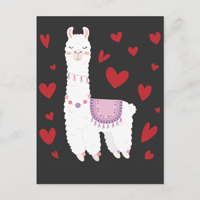 Valentines day Llama Alpaca Hearts Girl Boy Kids Vykort (Framsida)