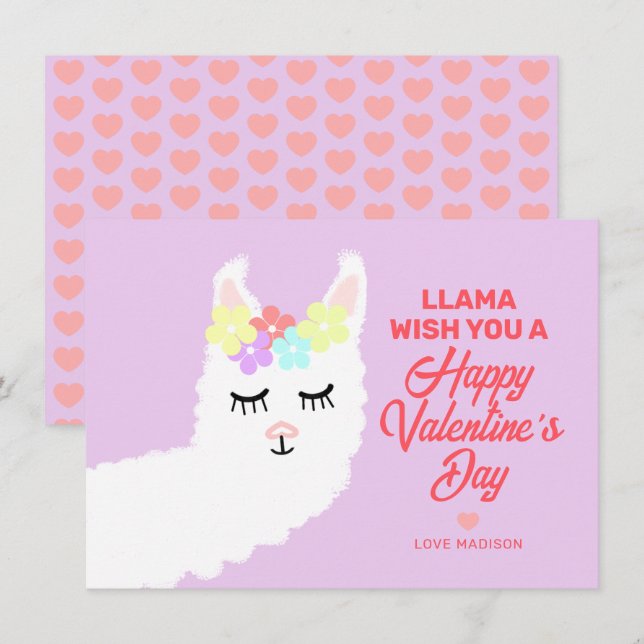 Valentines day Llama Pun Kids Classroom Exchange Julkort (Fram/baksida)
