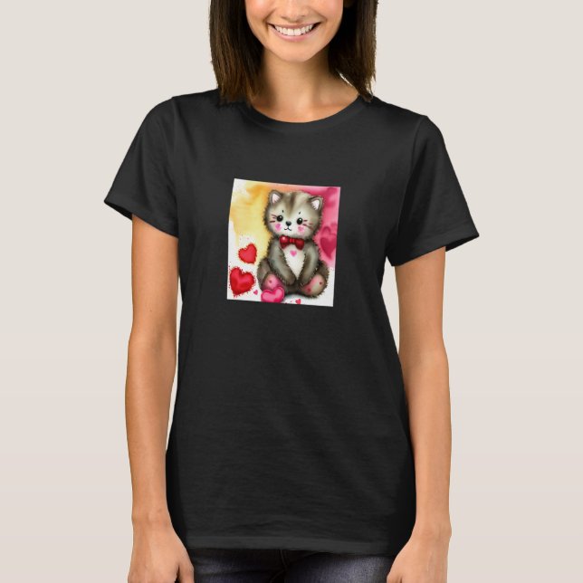 Valentine's Day Love Heart Cat Teddy Girlfriend Fi T Shirt (Framsida)
