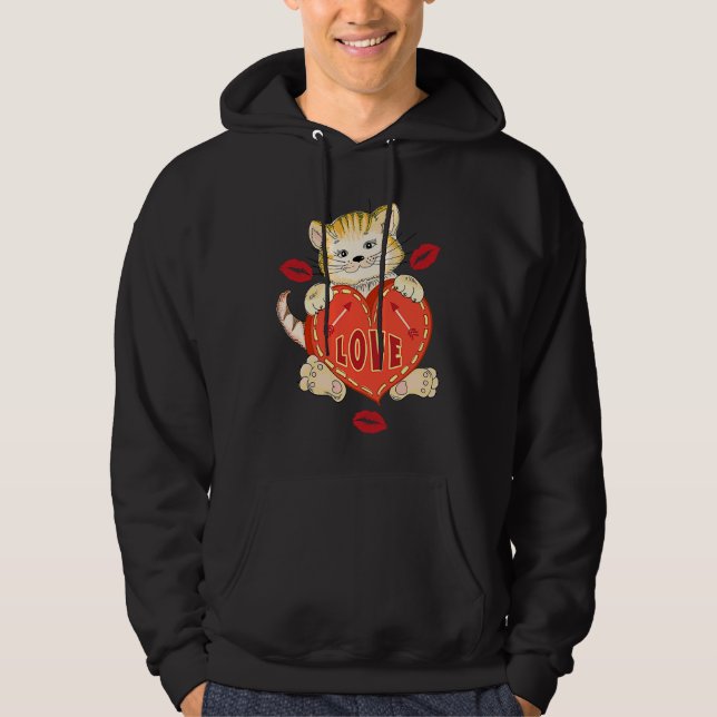 Valentines Day Love Kitten holds Heart Hoodie (Framsida)