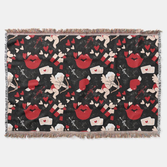 Valentines day mönster mot svart bakgrund filt (Framsidan)