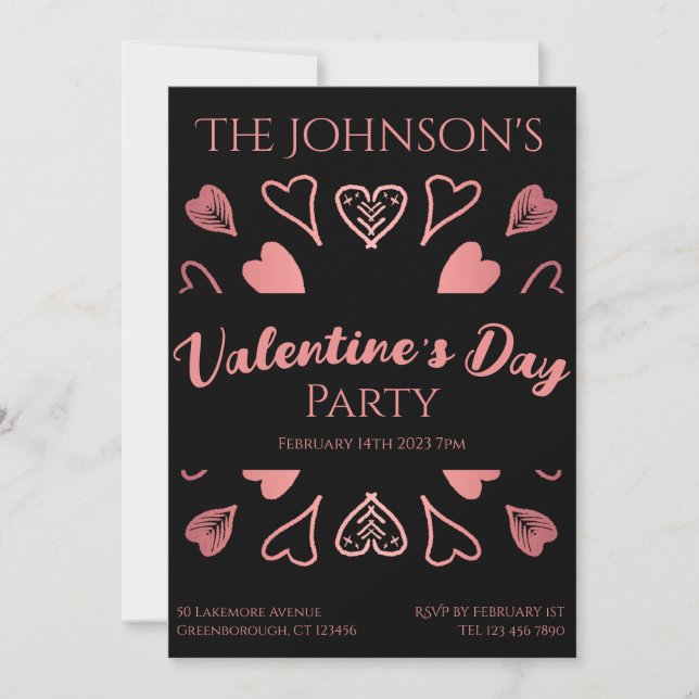 Valentines day Party Hearts Black Ro Guld Inbjudningar (Framsida)