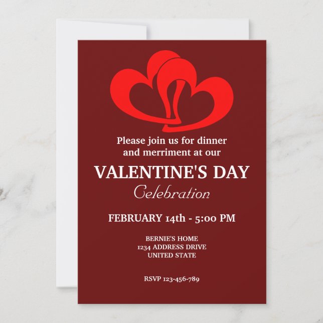 VALENTINES DAY PARTY MED RÖTT KOPPLHJÄRTA INBJUDNINGAR (Framsida)