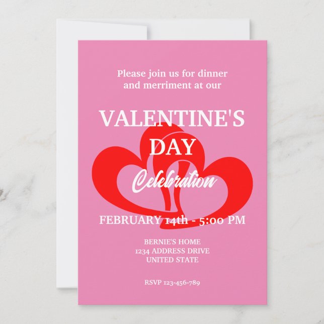 VALENTINES DAY PARTY MED TVÅ HJÄRTAT I ROSA INBJUDNINGAR (Framsida)