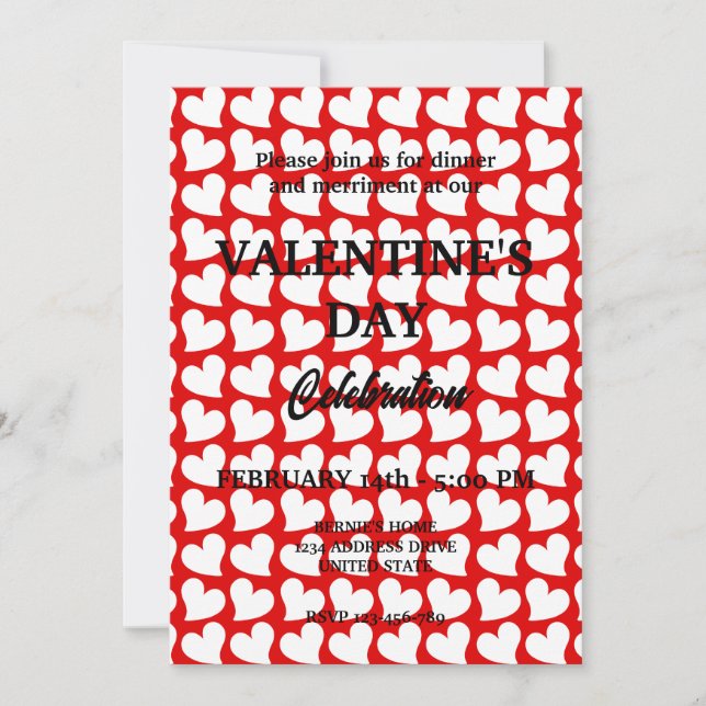 VALENTINES DAY PARTY MED VITHJÄRTA I RÖD INBJUDNINGAR (Framsida)