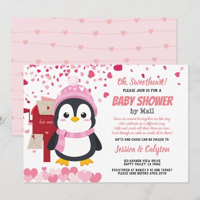 Valentines day Penguin Girl Baby Shower efter post Inbjudningar (Fram/baksida)