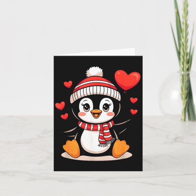 Valentine's Day Penguin Heart Balloon Cute  Kort (Framsida)