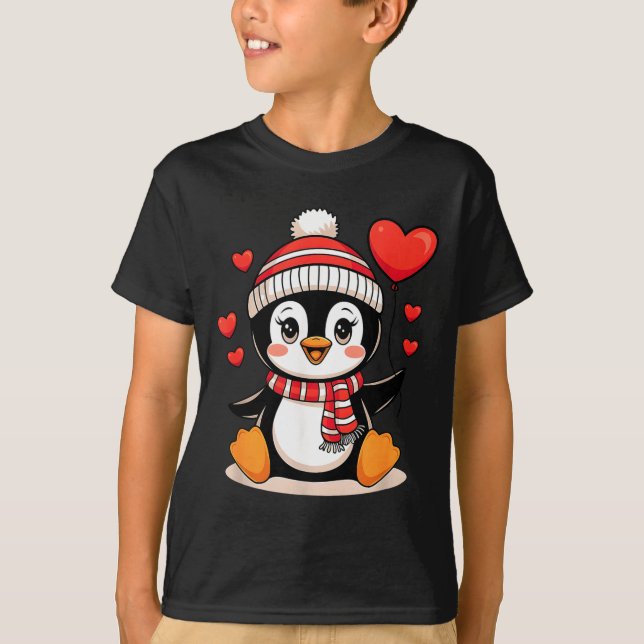 Valentine's Day Penguin Heart Balloon Cute  T Shirt (Framsida)