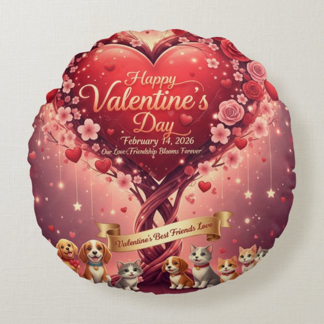 Valentine's Day Pets Lover's Floral Round Pillow Rund Kudde (Framsidan)