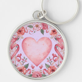 Valentine's Day, Pink Love Heart, Soft Purple Back Rund Silverfärgad Nyckelring