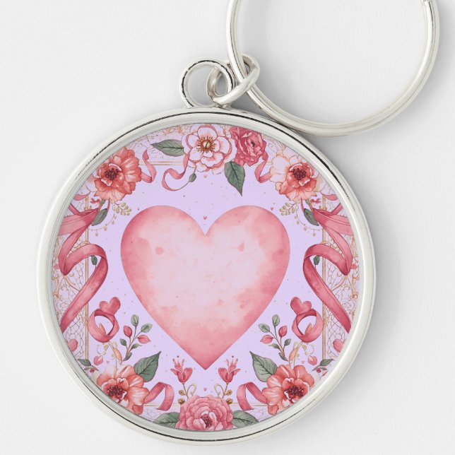 Valentine's Day, Pink Love Heart, Soft Purple Back Rund Silverfärgad Nyckelring (Framsidan)