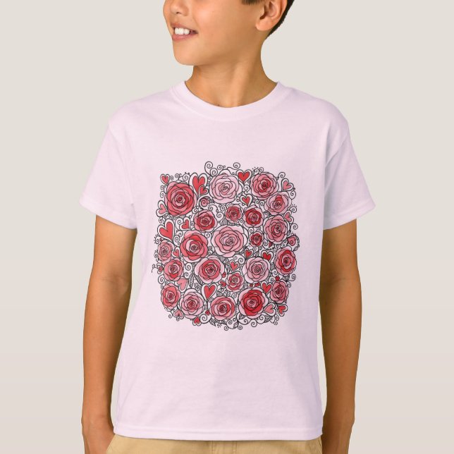 Valentine's Day Pink Red Roses Hearts Doodles  T Shirt (Framsida)