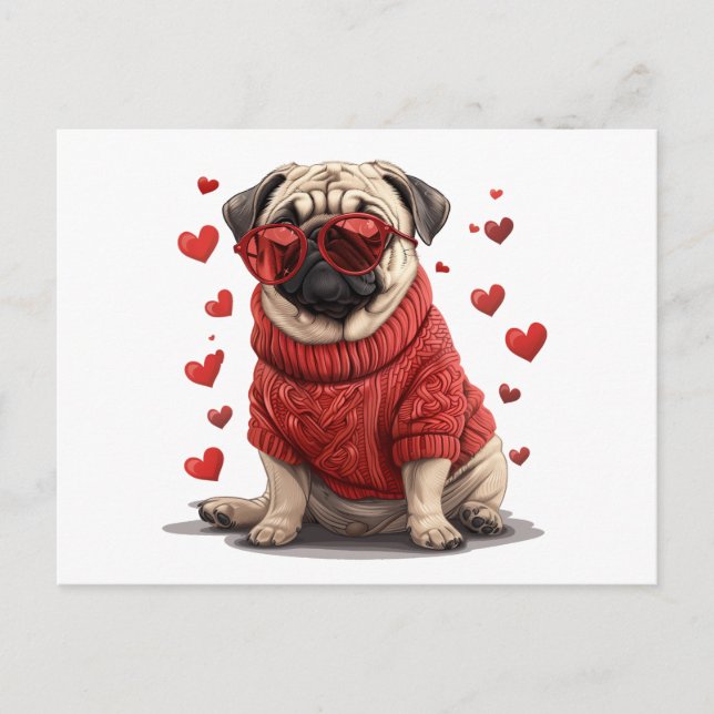Valentines day Pug Hund Vykort (Framsida)