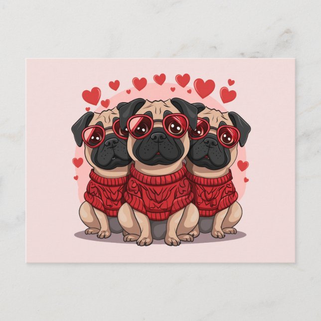 Valentines day Pug Hundar Vykort (Framsida)