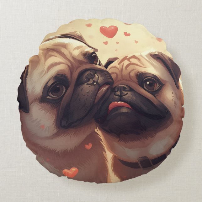 Valentine's Day Pug Love Round Pillow Rund Kudde (Framsidan)