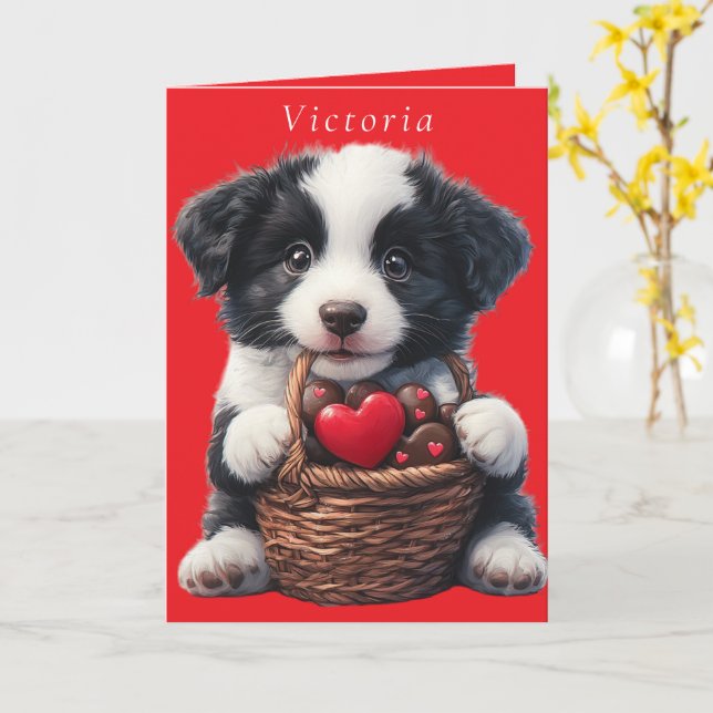 Valentines day Puppy Red Chocolate Hearts Kort (Gul blomma)