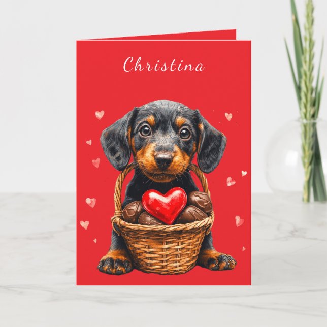 Valentines day Puppy Rosa Chocolate Hearts Basket Kort (Framsida)
