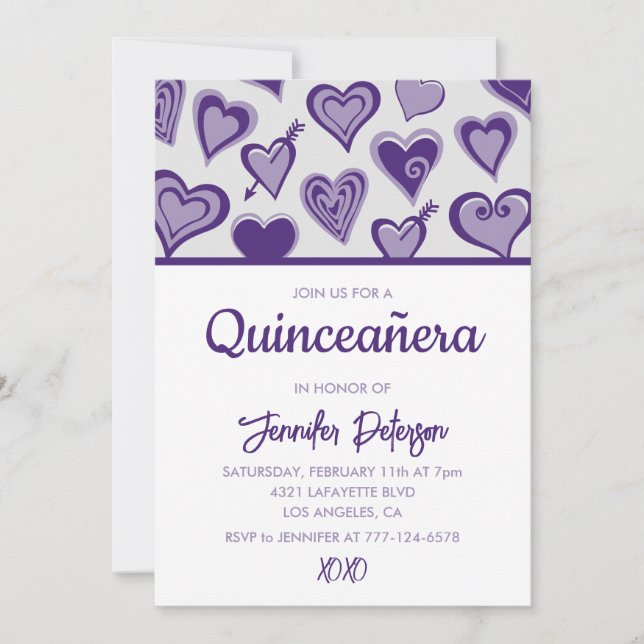Valentines day quinceañera inbjudan hjärta lila (Framsida)
