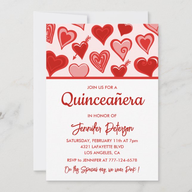 Valentines day quinceanera inbjudningar hjärtröd (Framsida)