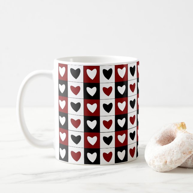 Valentines day Red Black White Hearts Mönster Kaffemugg (Med munk)
