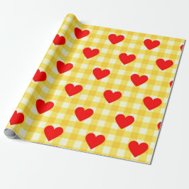 Valentines Day Red Heart Gult Gingham Mönster Presentpapper