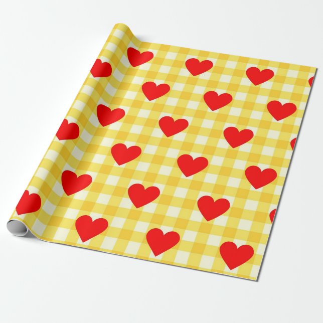 Valentines Day Red Heart Gult Gingham Mönster Presentpapper (Utrullad)
