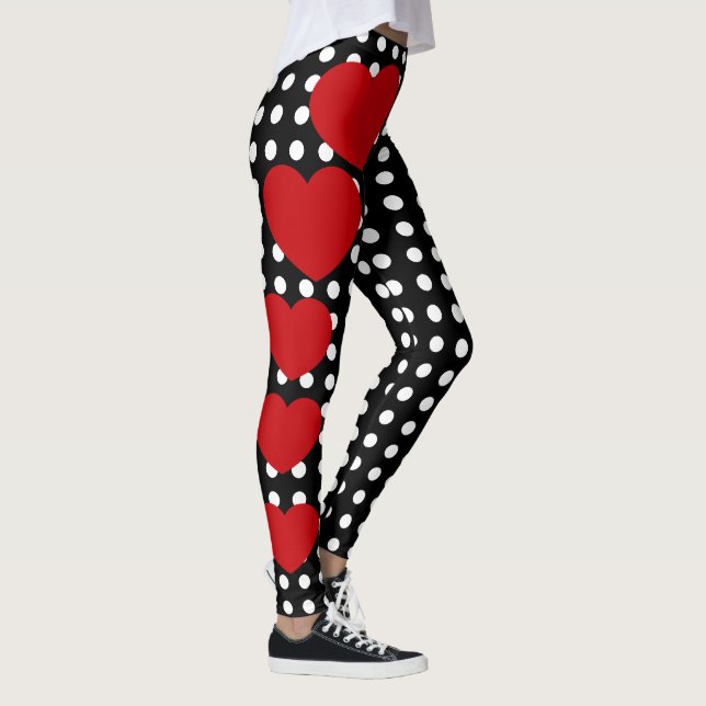 Valentines day Red Hearts Black White Polka Dot Leggings (Höger)